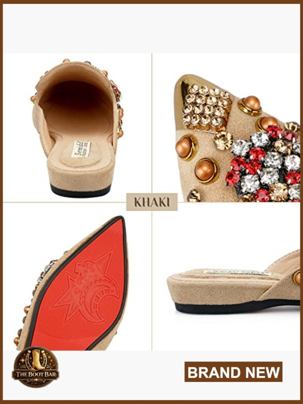 Women's Pointed Toe Mules with Memory Foam Insole, Rhinestone Rivet Flats - Picture 4 of 5